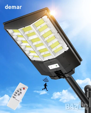 Worshow Соларна улична лампа 1000W, сензор за движение - 864LED 6500K, дистанционно, IP65