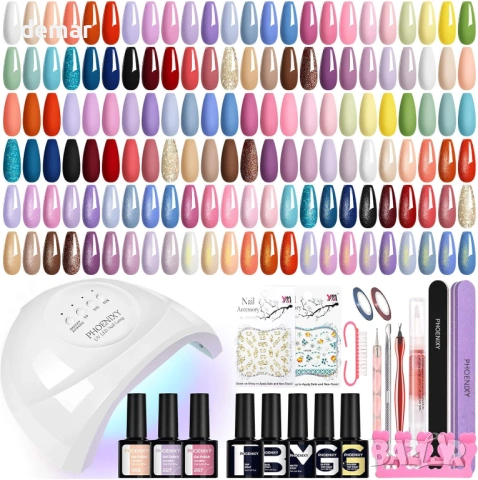 Комплект гел лакове за нокти Phoenixy, 50 части, 48W UV лампа, 45 цвята