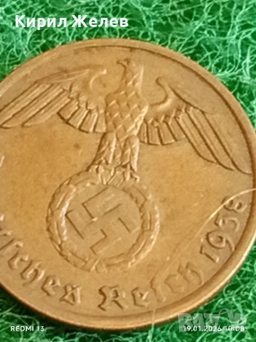 Две монети 1 райхсфенинг 1938г. Трети Райх Германия с свастика 53332, снимка 6 - Нумизматика и бонистика - 53147587