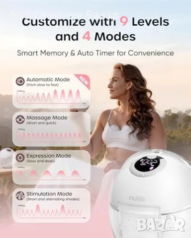 Нова Nuliie Hands Free Електрическа Помпа за Кърма Безжична 9 Нива 4 Режима за майки, снимка 4 - Помпи за кърма - 56208409