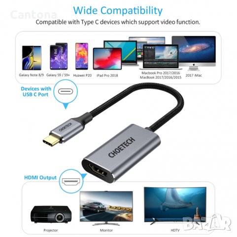 Адаптер Choetech, USB-C мъжки - HDMI женски, снимка 2 - Кабели и адаптери - 35981298