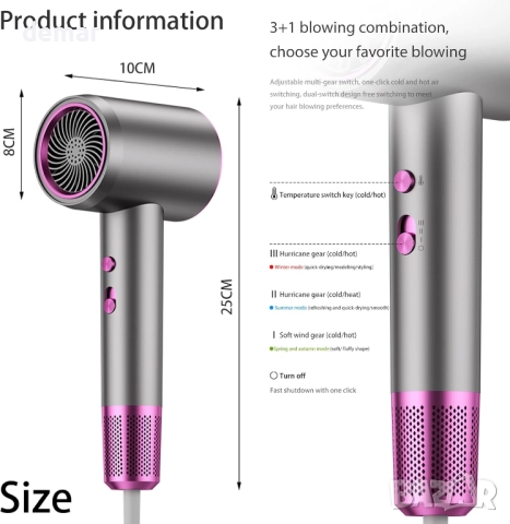 Сешоар за жени и мъже - HundoPony 2000W мощен сешоар с 1 концентратор, професионален йонен, снимка 2 - Сешоари - 52106597