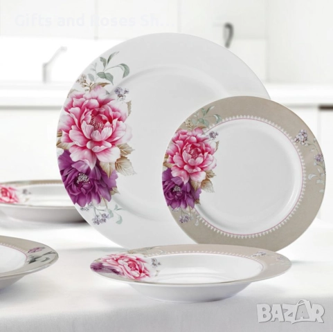 Порцеланов сервиз за хранене в розово и лилаво - 18 части, снимка 1