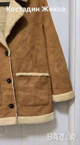 Ново. Дамско кафяво палто от изкуствен велур и изкуствена овча кожа (faux shearling) . ZARA, снимка 3 - Палта, манта - 56247542