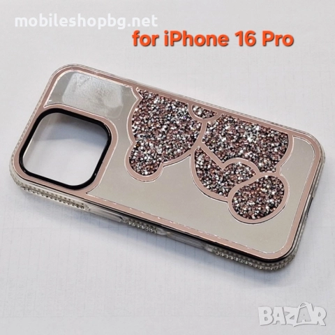 iPhone 16 Pro огледален кейс мече с камъчета розов , снимка 4 - Калъфи, кейсове - 52462015