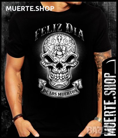 Черна тениска с щампа FELIZ DIA SUGARSKULL, снимка 1