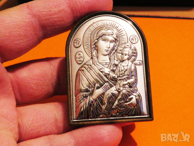 старинна посребрена икона Дева Мария, Богородица с младенеца  6 х 4 см., снимка 2 - Икони - 36358145