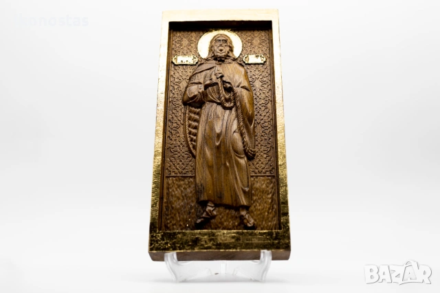 Позлатена икона на пророк Илия от масивен дъб с детайли от злато, снимка 4 - Икони - 53224822