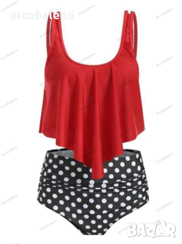 Дамски бански костюм с висока талия и волани, 15цвята, снимка 3 - Бански костюми - 44526077