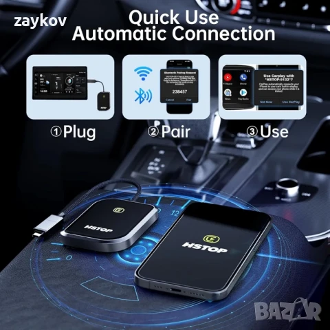 HSTOP Carplay безжичен адаптер, актуализирана версия 2024, безжичен CarPlay адаптер, снимка 7 - Друга електроника - 50539939