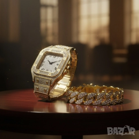 Луксозен комплект часовник и гривна – блясък и стил в едно, снимка 5 - Бижутерийни комплекти - 51947525