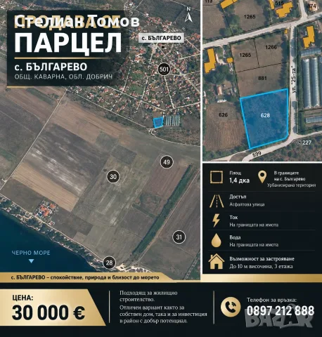 Продава се парцел в с. Българево – урбанизирана територия, НТП „Ниско застрояване (до 10 м)“