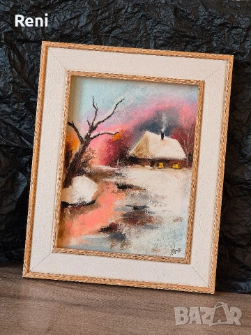 Зима, картина сух пастел, оригинал, снимка 2 - Картини - 53138413
