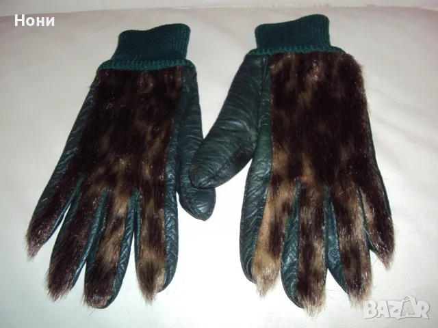 Екстравагантни дамски зелени кожени ръкавици с косъм , снимка 1
