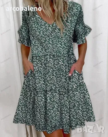 Свободна модна с V-образно деколте къса рокля с джоб и волан, 10цвята , снимка 10 - Рокли - 50133940