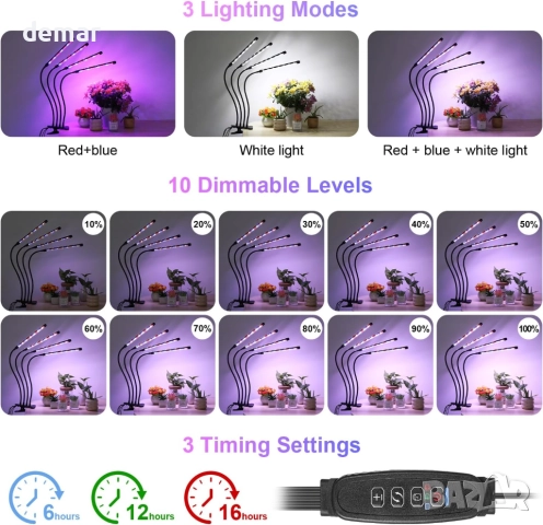 Стайна лампа за отглеждане на растения, 80 LED, черна, 4-тръбна лампа с пълен спектър, снимка 5 - Други - 51997920