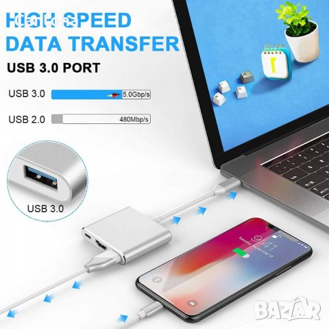 Хъб USB C към HDMI адаптер, Type C to HDMI 4К, USB 3.0 and Type C PD 100 W, снимка 3 - Други - 40213583