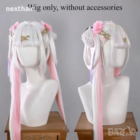 Висококачествена аниме перука бяло и розово с подвижни опашки, снимка 7 - Аксесоари за коса - 50567085