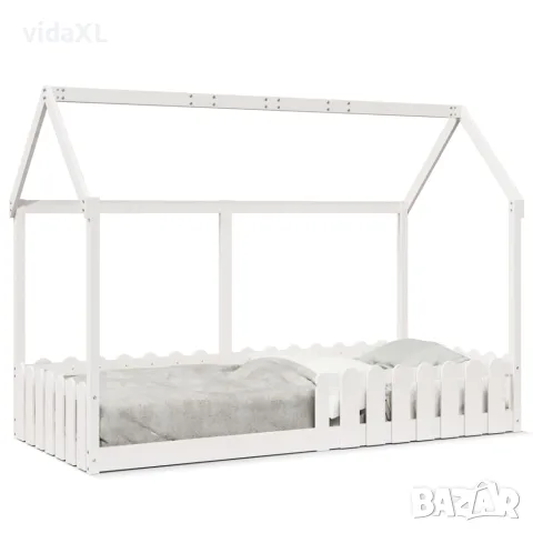vidaXL Рамка за детско легло къща, бяла, 90x200 см, борово дърво масив