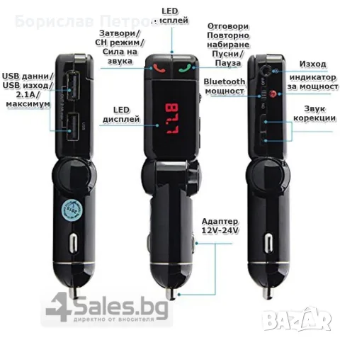 Блутут за кола (MP3player FM предавател зарядно USB и Bluetooth), снимка 12 - Аксесоари и консумативи - 55754580