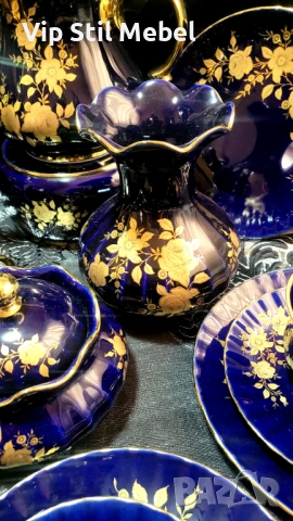 Сервиз в кобалтово синьо и с 22 карата позлата и , снимка 6 - Сервизи - 53695766