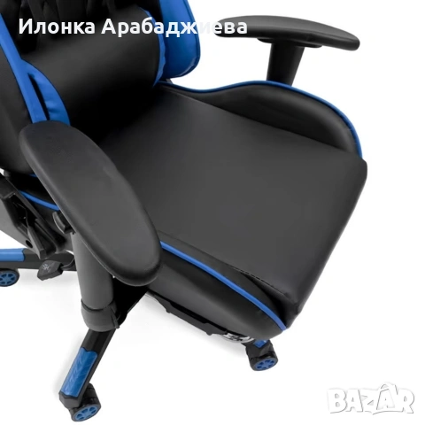 Ергономичен геймърски стол с масажна функция и поставка за крака – черно-син, снимка 4 - Столове - 53454453