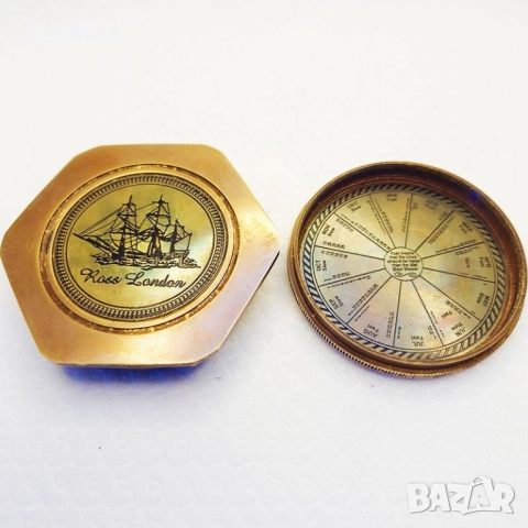 Компас бронзов със вечен календар в дървена кутия , снимка 2 - Подаръци за мъже - 51544815
