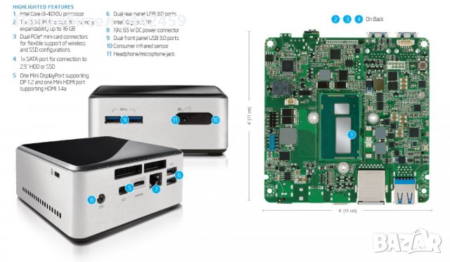 Мини Компютър Intel NUC | Intel core i3 4010U | D34010WYKH, снимка 3 - Работни компютри - 39618718