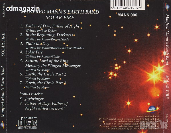 Компакт дискове CD Manfred Mann's Earth Band ‎– Solar Fire, снимка 2 - CD дискове - 36333421