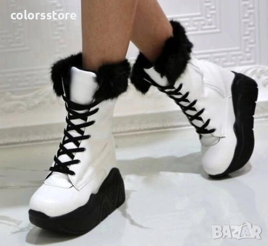 Боти на платформа - бяла кожа с черен пух и черно ходило - BPH1