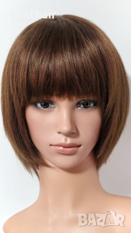 Естествена къса кафява перука с бретон, снимка 4 - Аксесоари за коса - 53148847