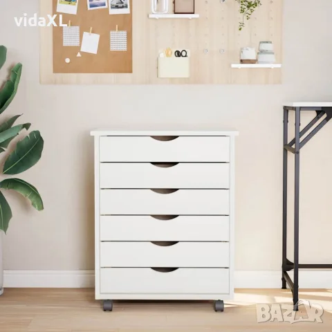 vidaXL Шкаф с чекмеджета на колелца MOSS, бял, бор масив, снимка 3 - Шкафове - 56147350