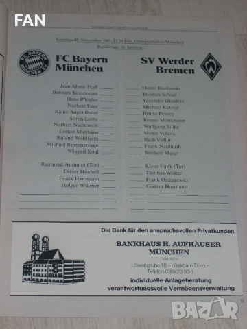 Оригинална футболна програма на Байерн Мюнхен срещу Вердер Бремен от 1985 г., снимка 3 - Фен артикули - 23852351