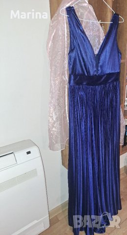 Официална сатенена плисирана дълга рокля в тъмносиньо, снимка 7 - Рокли - 42102750