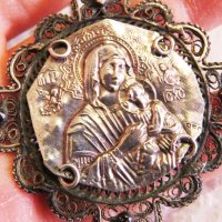 Възрожденска Сребърна икона, амулет, накит, медальон с Богородица, Дева Мария - Панагия 55 мм - Бого, снимка 5 - Антикварни и старинни предмети - 35865580