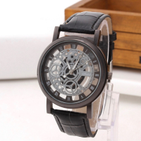 Изискан прозрачен мъжки ръчен часовник с кварцов механизъм и кожена каишка "черен циферблат/ бял циф, снимка 2 - Мъжки - 44588963