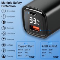 33 W USB-C зарядно устройство с цифров дисплей,2 порта QC PD 3.0 PPS бързо зареждане,iPhone/Samsung, снимка 4 - Оригинални зарядни - 41348082