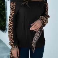 Дамска блуза в черно с ефектни ръкави с леопардов принт, снимка 4 - Блузи с дълъг ръкав и пуловери - 40397136