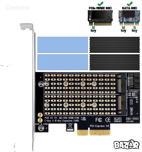 Двоен M.2 PCIe адаптер с радиатор, M2 NGFF SSD и NVME SSD към PCI-e 3.0 x4, M.2 M Key SSD 2280 2260 , снимка 1