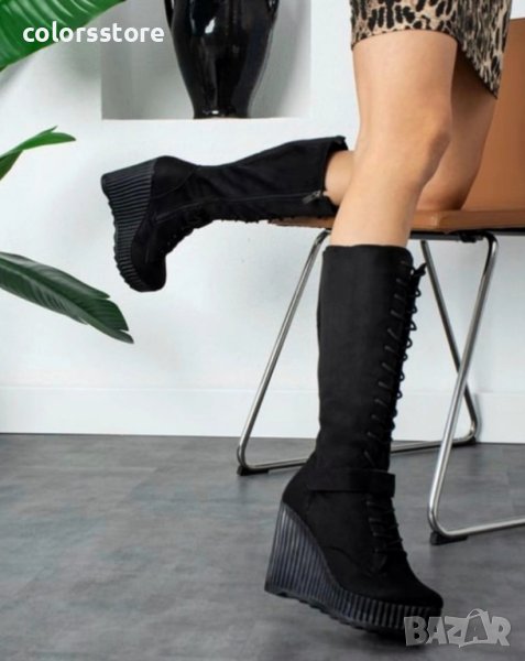 Ботуши на платформа - черен велур с черно ходило - 1905, снимка 1