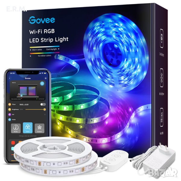Интелигентна RGB LED лента Govee H6110, Wi-Fi, Bluetooth, Музикална синхронизация, Цветна светлина, , снимка 1