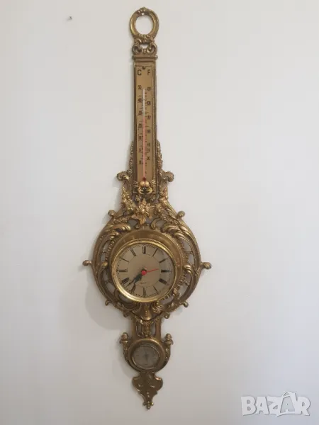Стенен часовник от масивен месинг с влагометър-термометър, снимка 1