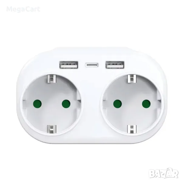 Удължител, 2 гнезда, 250V, 16A, Без кабел, 2 x USB F, 1 х USB-C, Бял, снимка 1