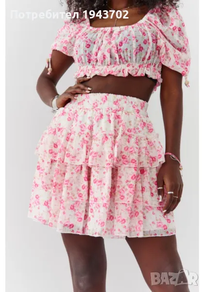 Къса дамска пола с волани в розов цвят 4007, снимка 1
