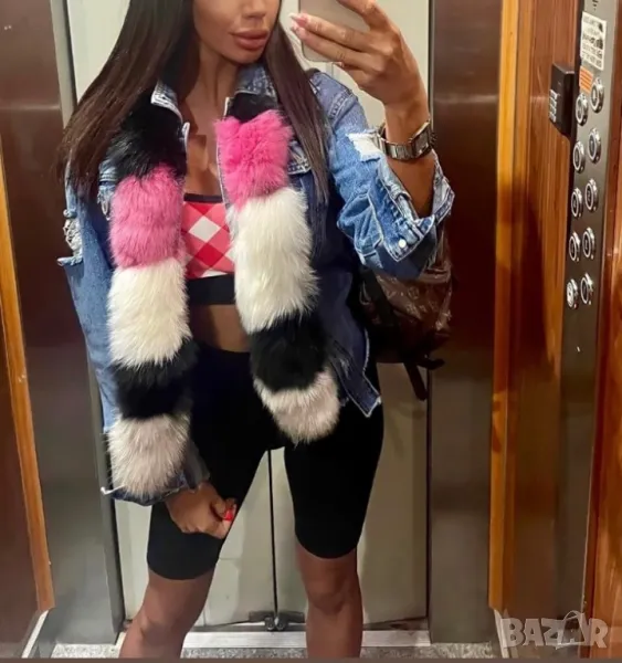 Дамско дънково яке с естествен косъм лисица!, снимка 1