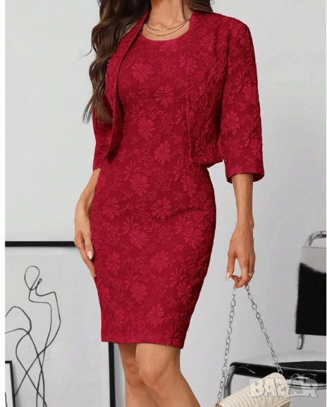 Червена дамска рокля с жилетка – размер M, снимка 1
