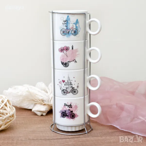 5546 Комплект керамични чаши за кафе на метална стойка Bicycle, снимка 1