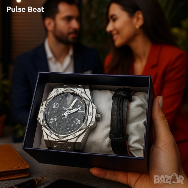 Мъжки подаръчен комплект – стилен часовник и черна гривна, снимка 1