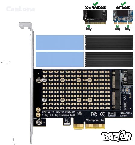 Двоен M.2 PCIe адаптер с радиатор, M2 NGFF SSD и NVME SSD към PCI-e 3.0 x4, M.2 M Key SSD 2280 2260 