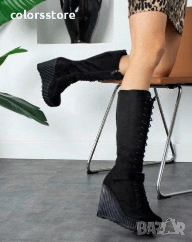 Ботуши на платформа - черен велур с черно ходило - 1905